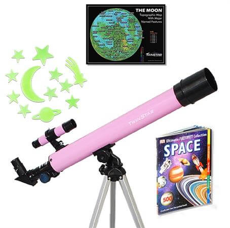 Pink TwinStar AstroMark 50mm 75x Refractor Telescope Kids Pak Bundle