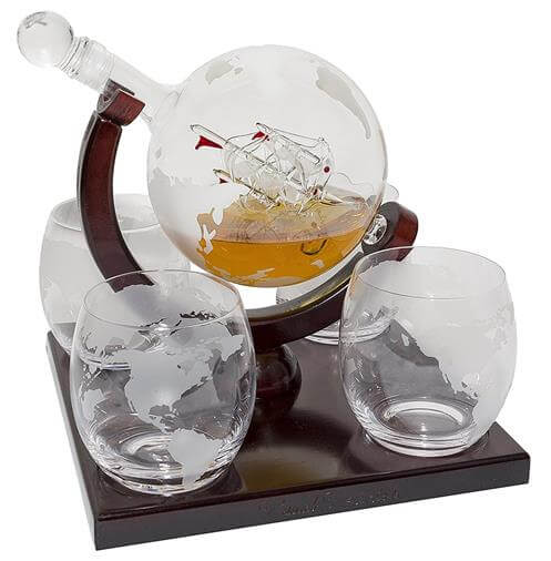 Etched Globe Whiskey Decanter Set