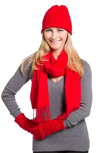 Ladies Cashmere Plain Knit Scarf and Gloves Set